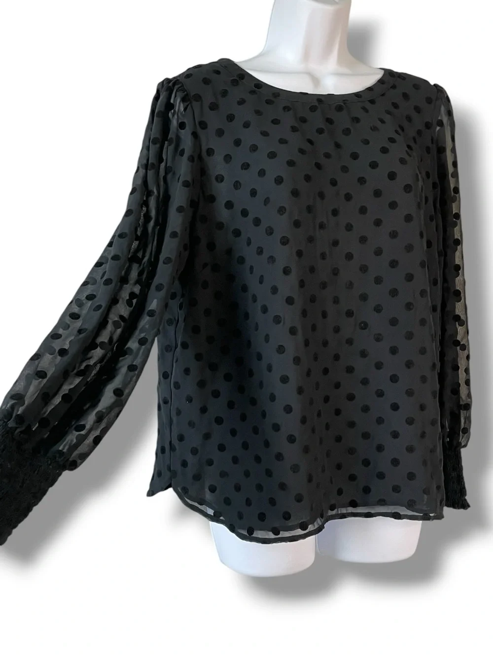 LOFT Black Sheer Velvet Polka Dot Blouse Puff Sleeve Smocked Cuff Romantic